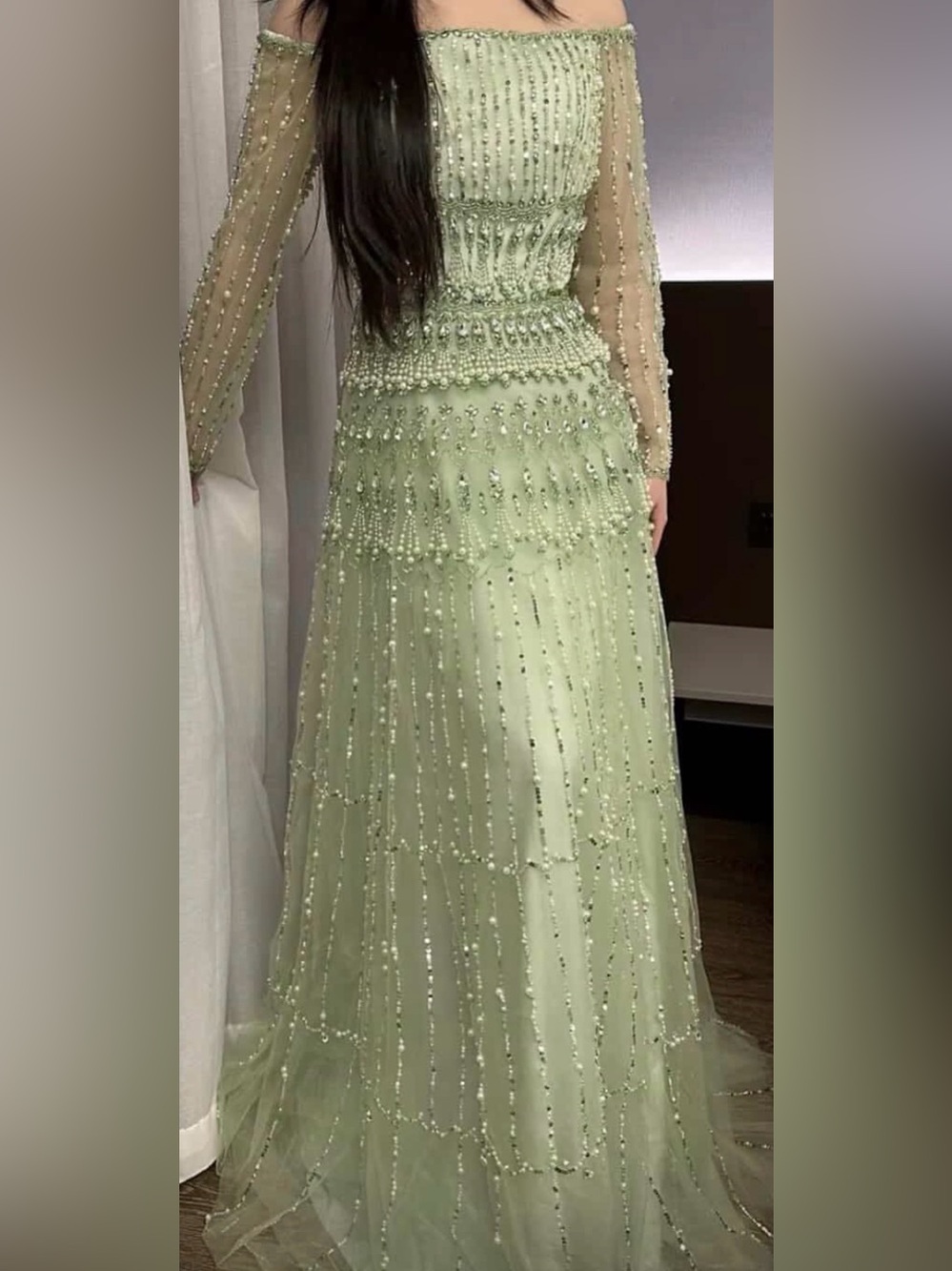 Embellished Light Green Beaded Gown